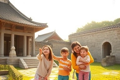 Family exploring ancient Korean palace ruins with children